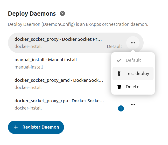 AppAPI admin settings showing daemon configuration with Test deploy option in three-dots menu