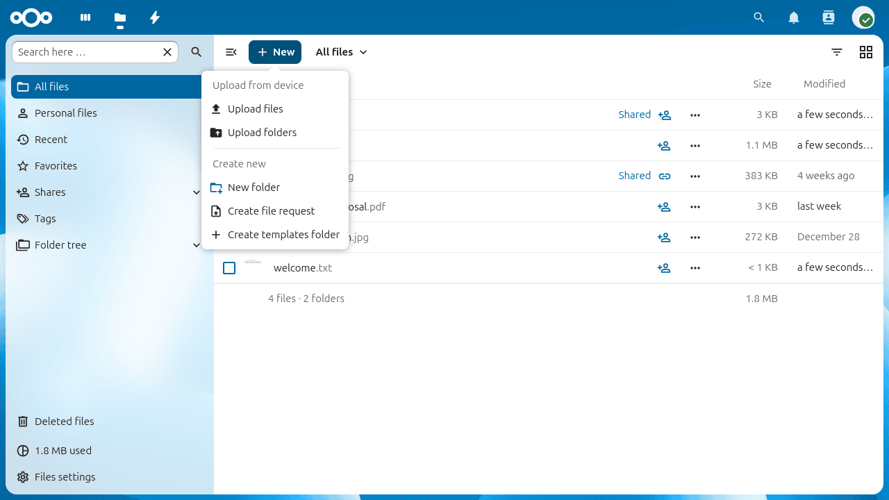 The New file and upload menu.
