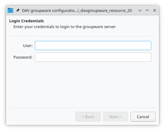 KOrganizer credentials dialog for entering username and app password